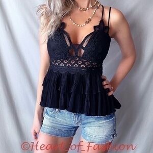 Crochet Lace Ruffle Tiered Peplum Cami Black